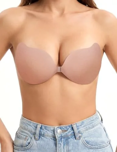 rosefly sticky bra push up for women jersey fabric built in sponge deepen cups under bust micro support ab adhesive invisible seamless backless strapless bra for dress cups c nude