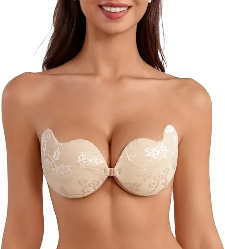 rosefly sticky bra push up for women mango arc lace fabric gradual thinness aloe ab adhesive invisible seamless backless strapless bra for dress cups c honey